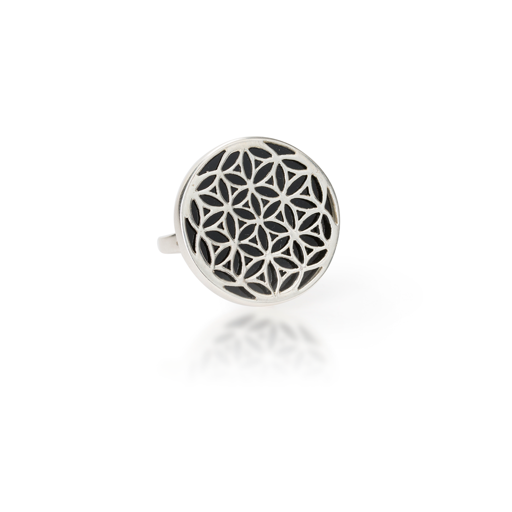 Flower of Life Natural Gemstone Natural Black Agate Ring